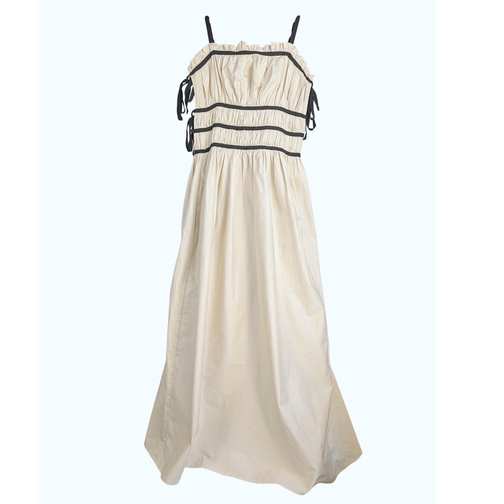 S Vestique Sofie the Label Ivory Cotton Smocked Maxi Dress Side Tie Black Trim